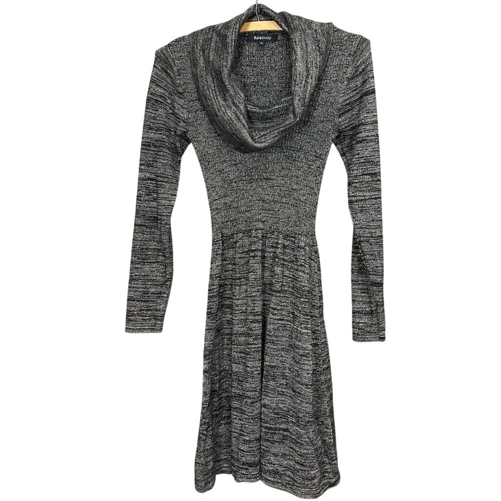 Womens Y2K Cowl Neck Grunge Tight-Knit Mini Skater Dress in Black Grey Gold -EUC